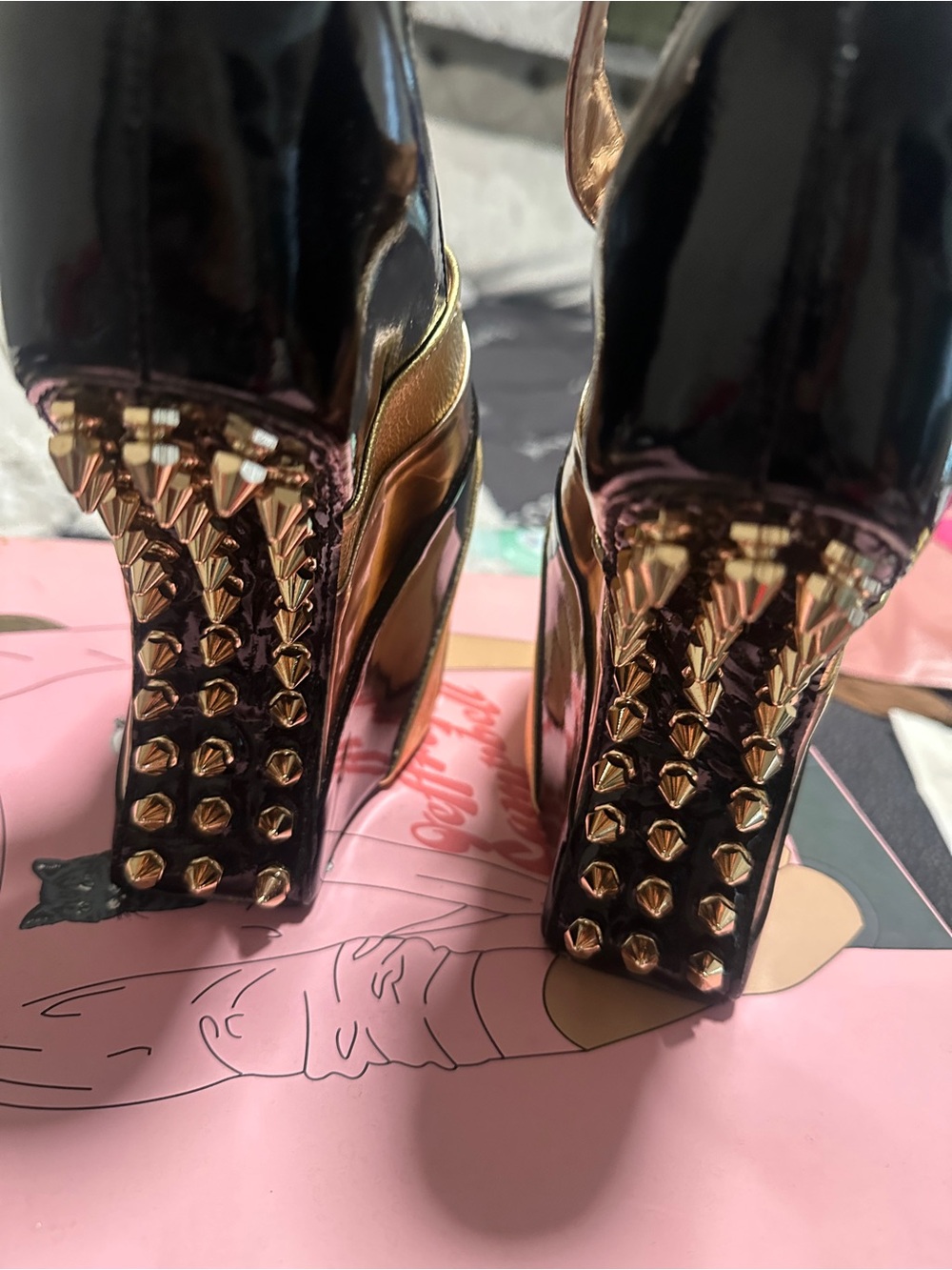 Jeffrey Campbell Black Patent Platform Heels with Gold Stud Detailing